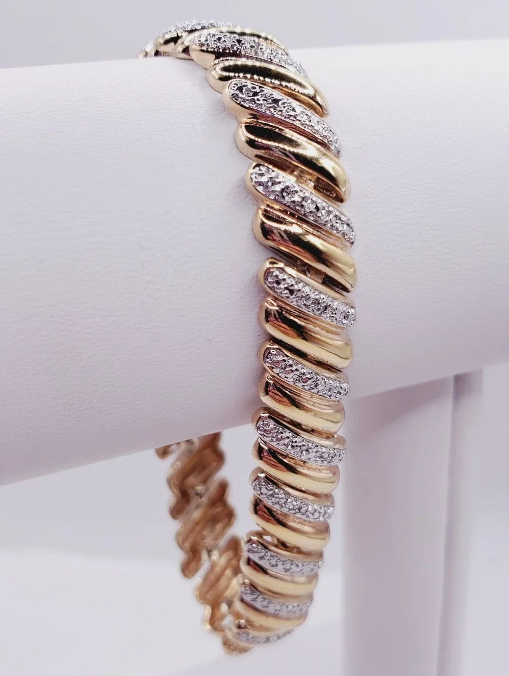 Genuine Diamond Yellow Gold and 925 Silver Twisted Pave Bracelet